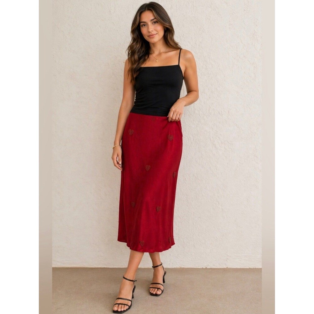 A New Day Red Satin Midi Skirt Size M Heart embroidered design Slip Skirt NWT